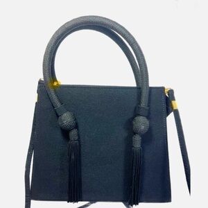 Vintage Structured Black Evening Prom Hand Bag with Tassels Gold Toned Hardware